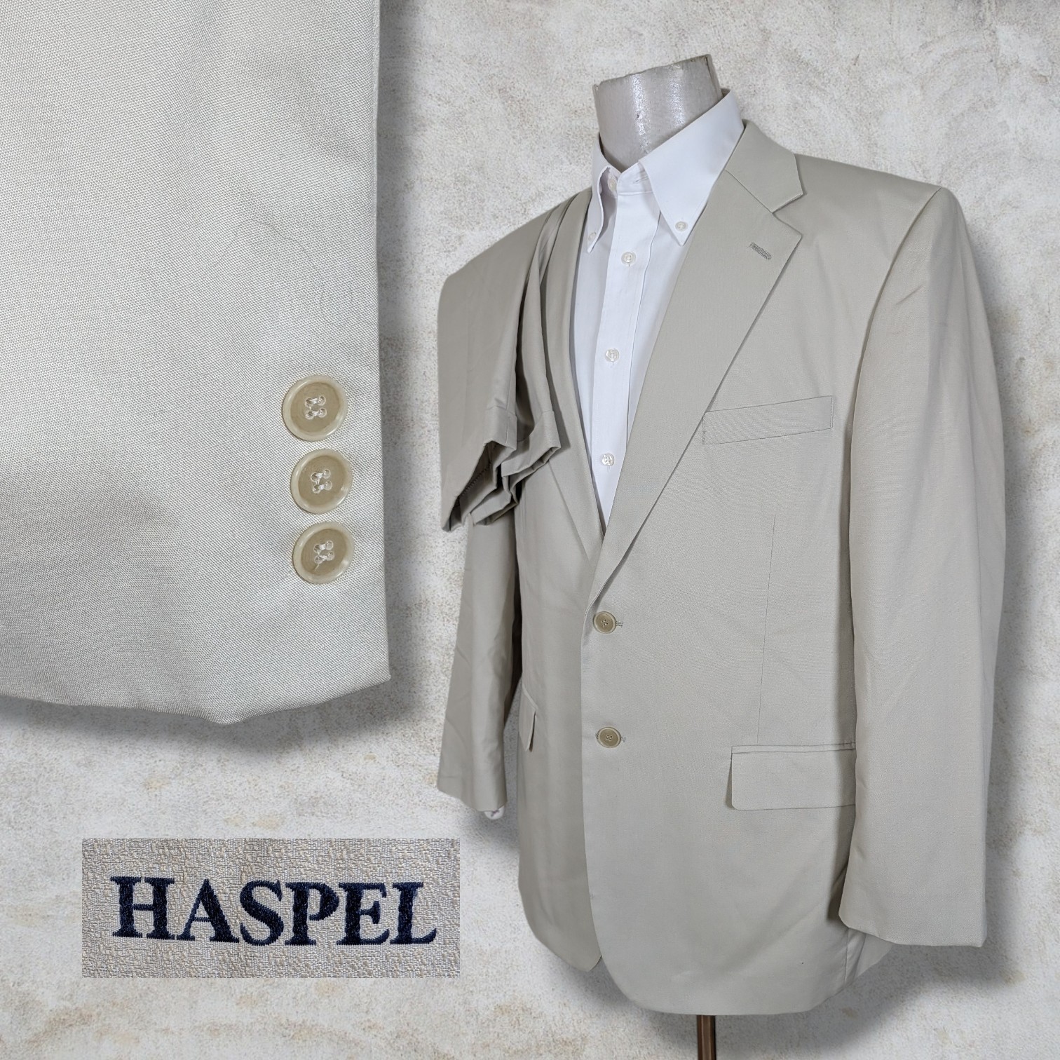 Haspel Perfect Poplin 2 Piece Suit Mens 44R Pants 32×33 Solid Beige Cream Cotton