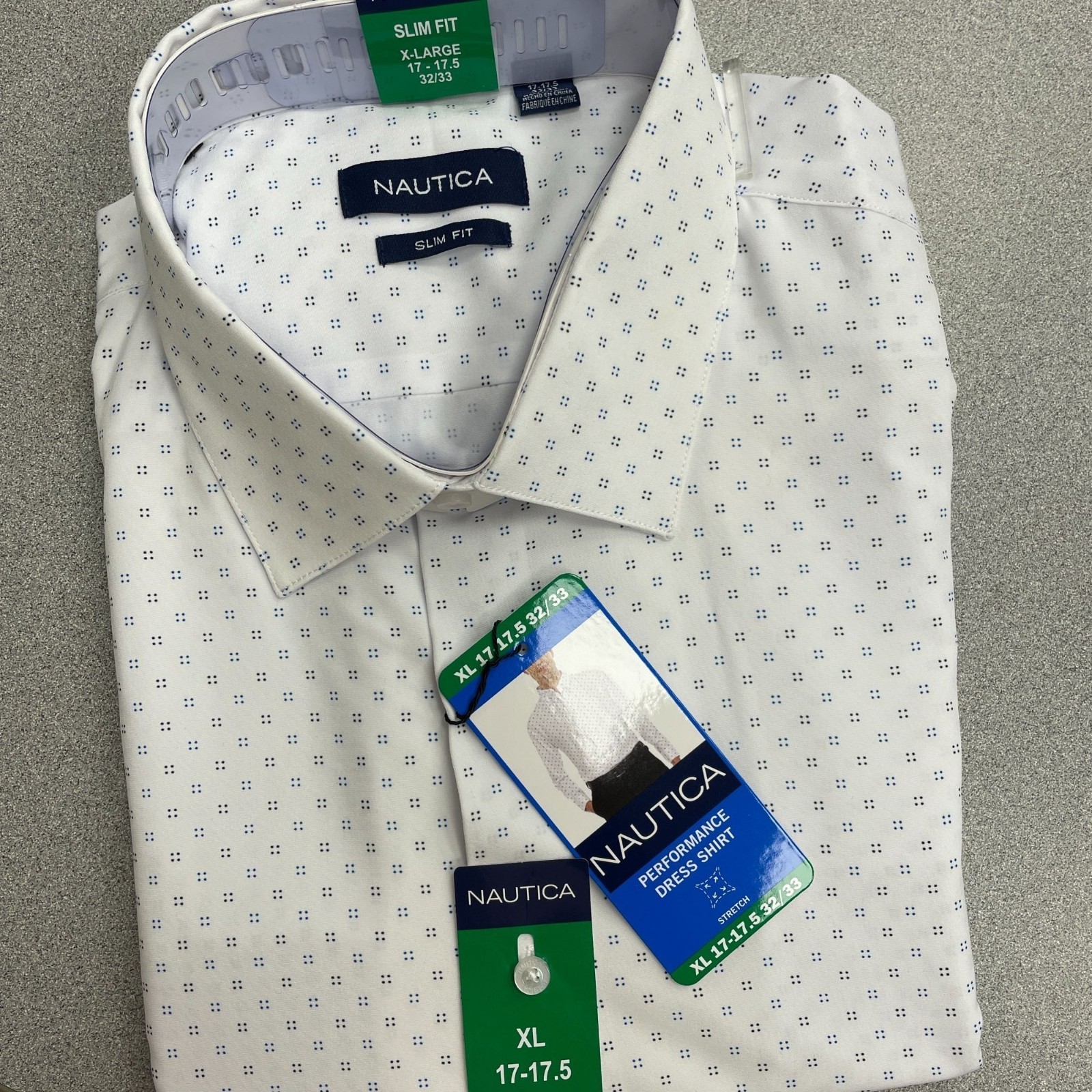 Nautica Slim Fit Men’s XL Performance Dress Shirt White W/ Blue Dot N0186