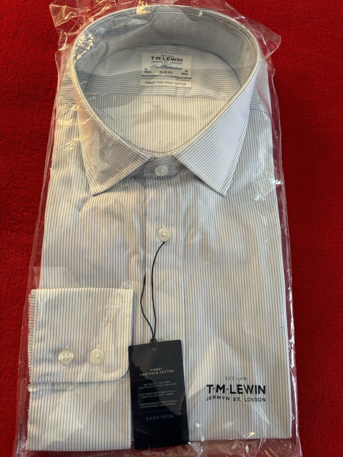 BNWT TM Lewin 18/36 Slim Fit Fine Sky Stripes Poplin Classic Collar Button Cuffs