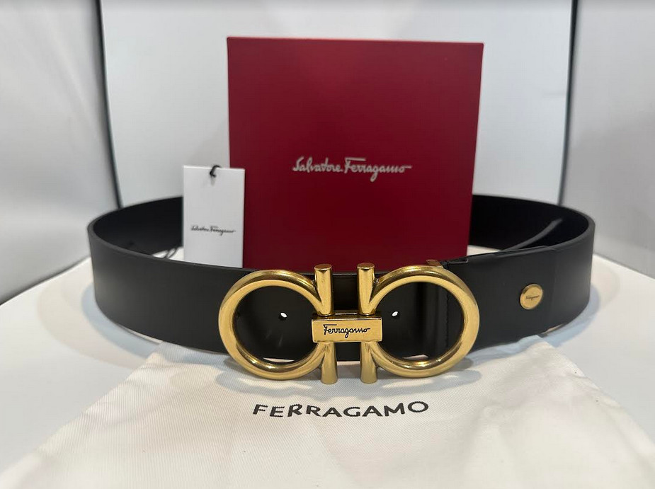NEW MENS BLACK SALVATORE FERRAGAM0 BELT WITH GOLD EXTRA LARGE BUCKLE