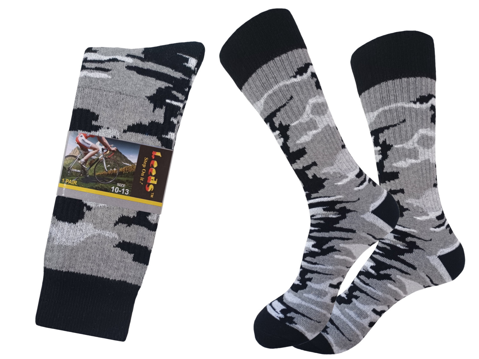 6 PAIR COTTON CAMO HIKING CREW SOCKS SIZE 10-13 TRUE TO SIZE FULL CUSHION