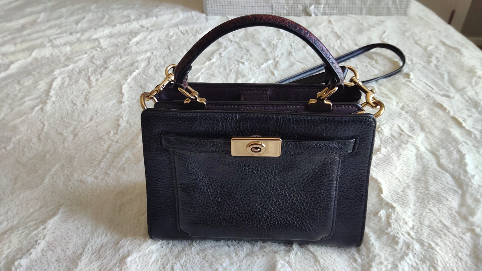 COACH C8687 MINI Lane Top Handle Snake Embossed Pebbled Leather BLACK MULTI