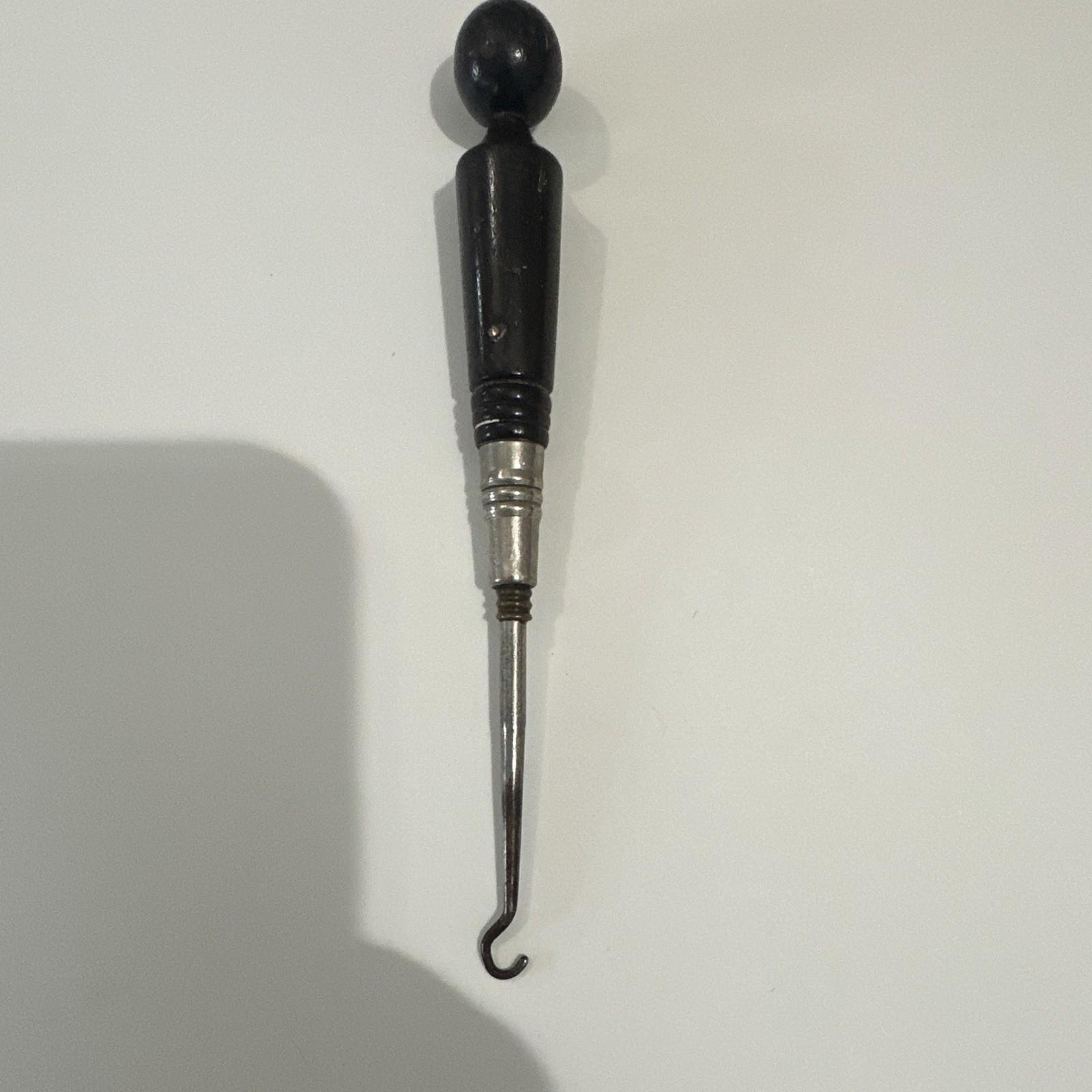 Vintage Button Hook Boot/Shoe Tool Black Wood Handle Silver Metal Hook