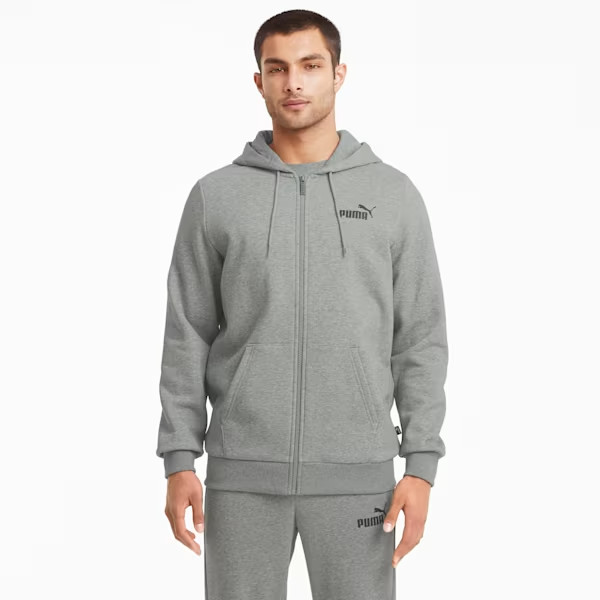 PUMA Men’s Essentials+ Embroidery Full Zip Fleece Hoodie | Medium Gray Heather