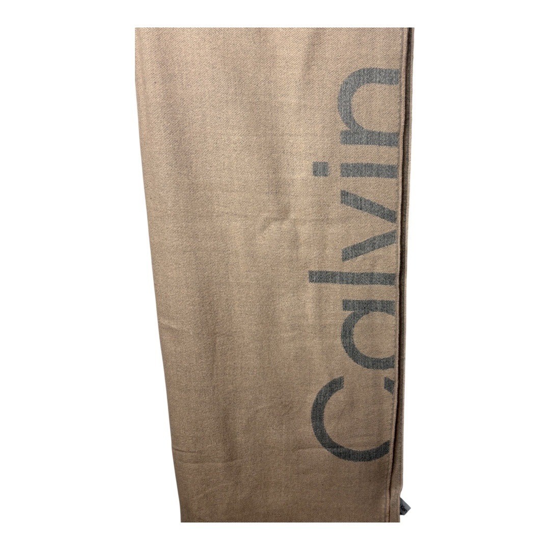 Calvin Klein Taupe Logo Oblong Blanket Scarf Acrylic Blend Women 76×24 NWT