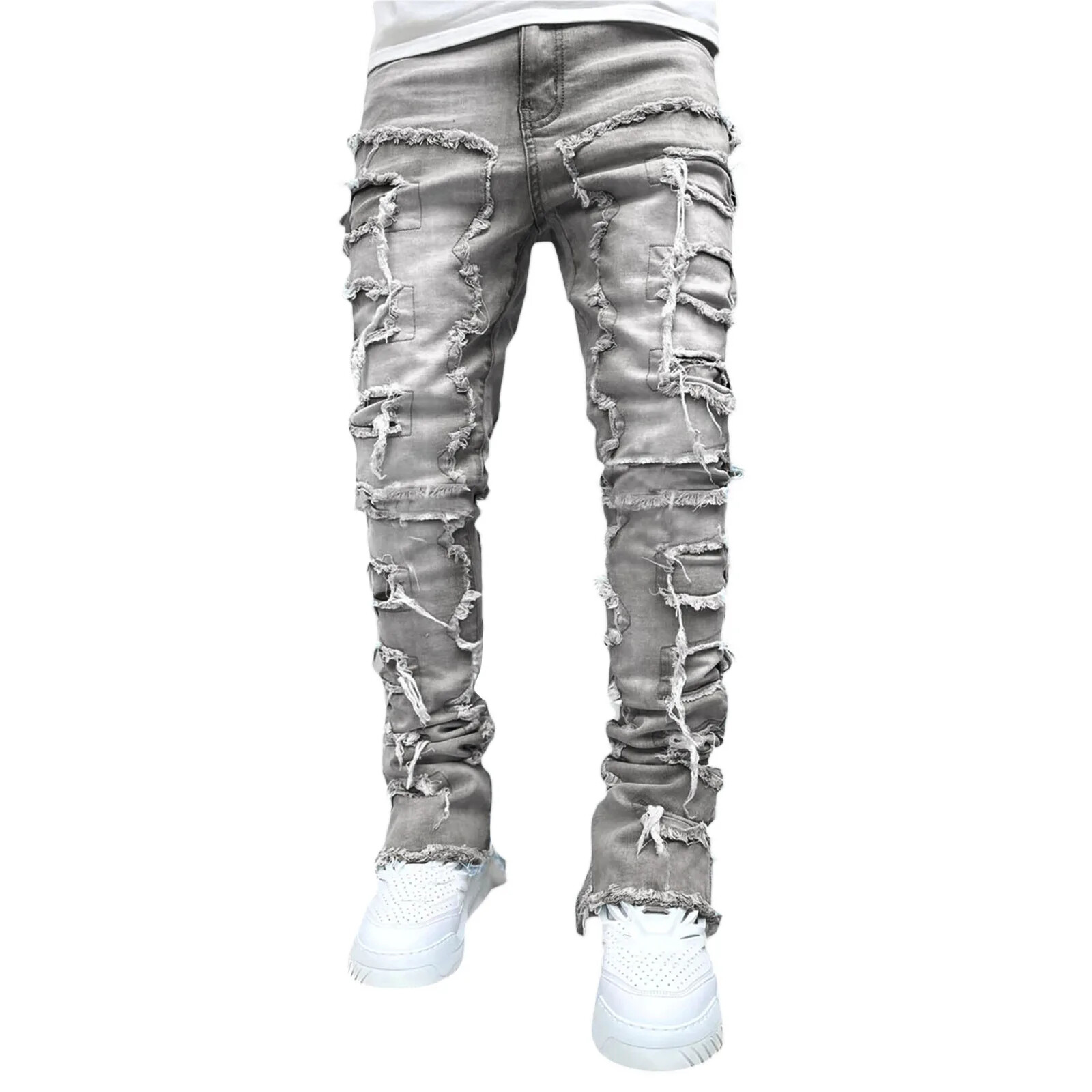 Men Fashion Jeans Street Stretch Patch Skinny Denim Straight Stacked Slim Pants