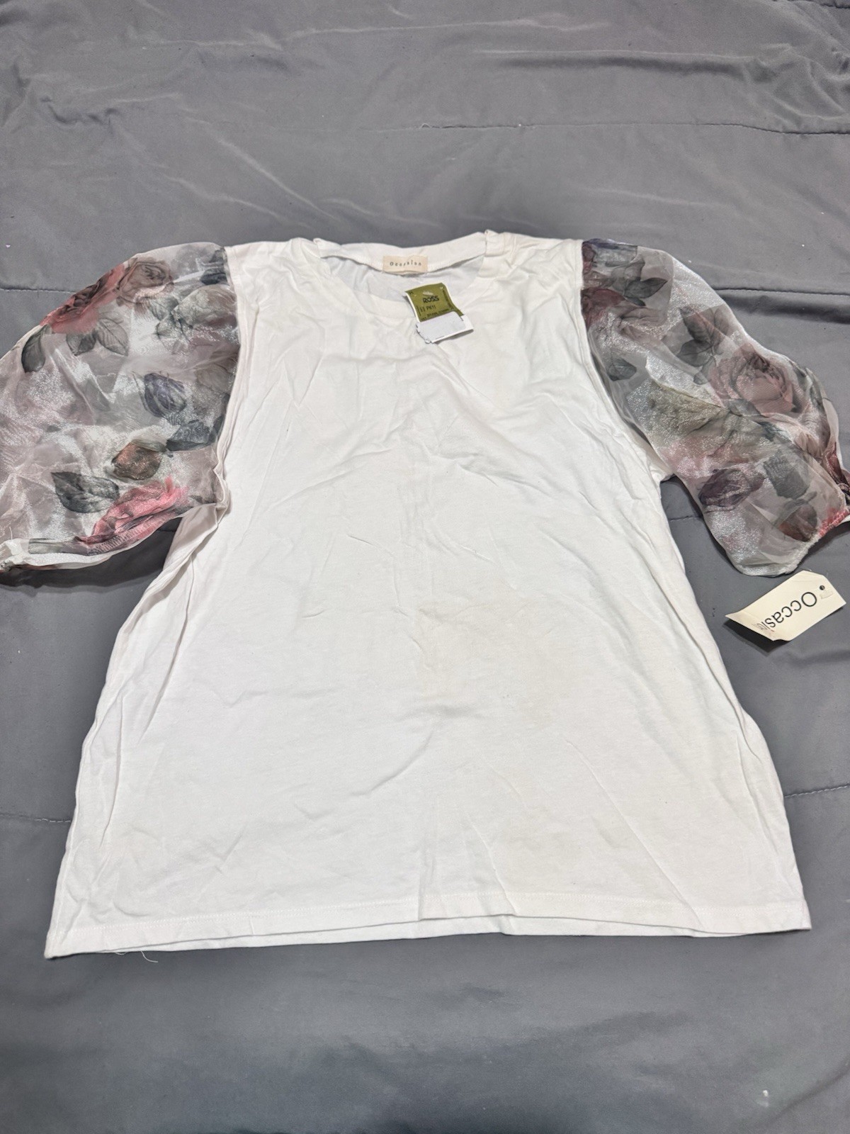 Occasion White Floral Sheer Puff 3/4 Sleeve Round Neck Top Regular XL CT9764