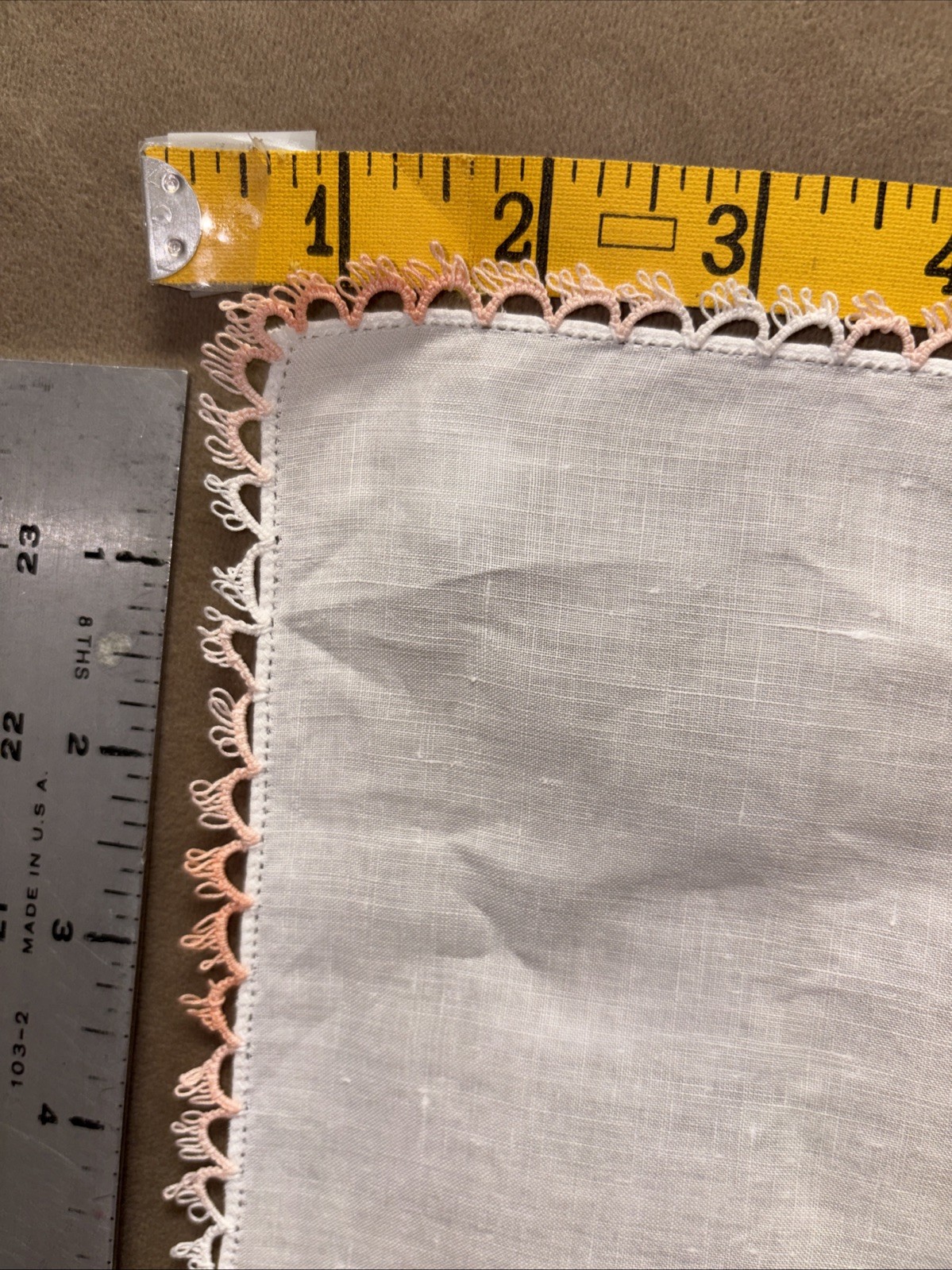 Handkerchief Linen Tatted Pink Blush Edging Vintage Hanky Nice!