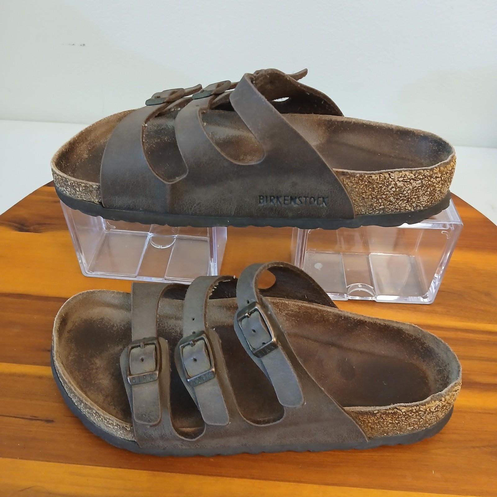 Birkenstock Florida Sandals Womens 37 Brown Leather Triple Strap Slide Sandals