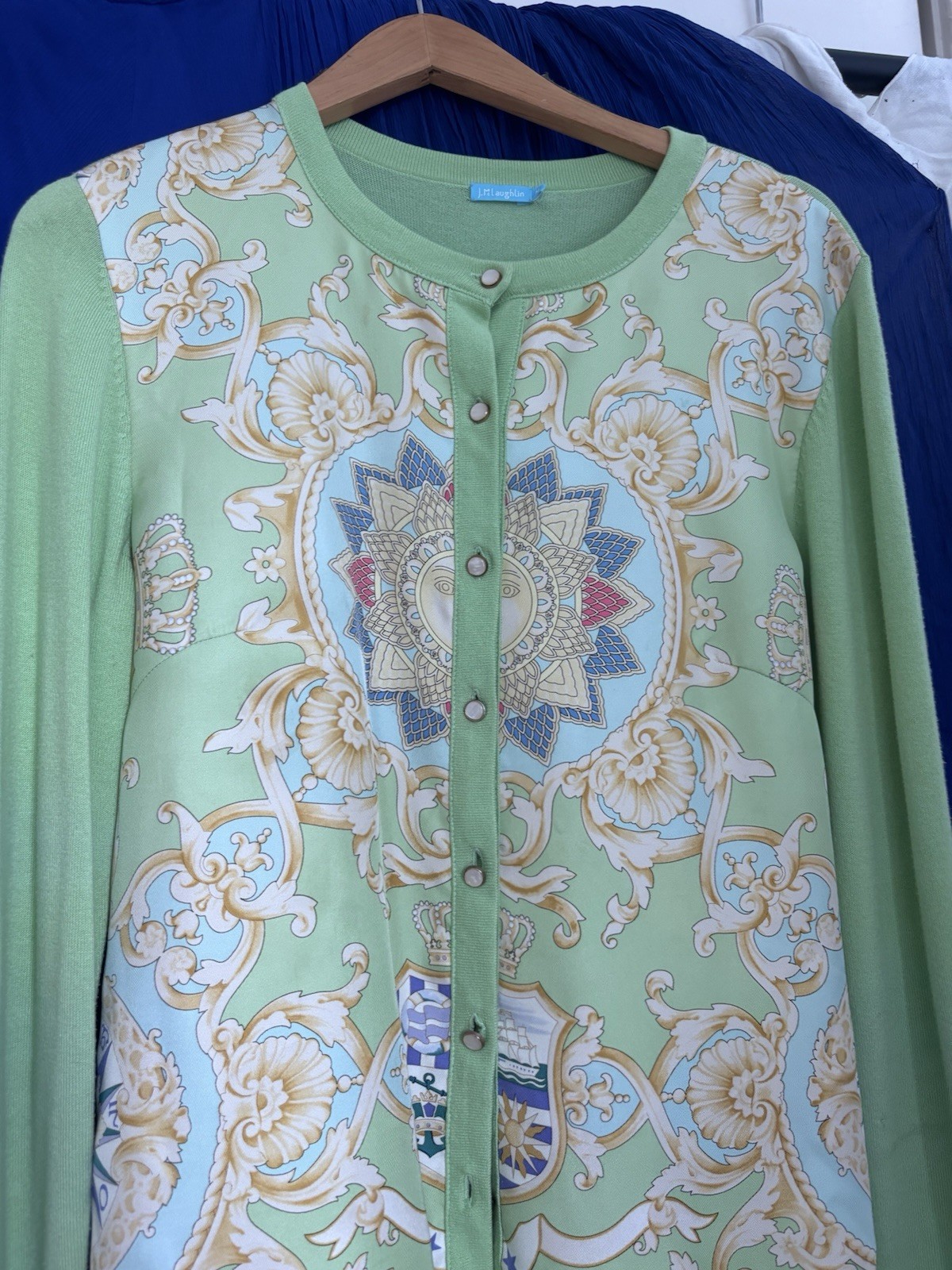 J. McLaughlin Mint Green Silk Front Scarf Print Cardigan L/S Sweater Buttons M