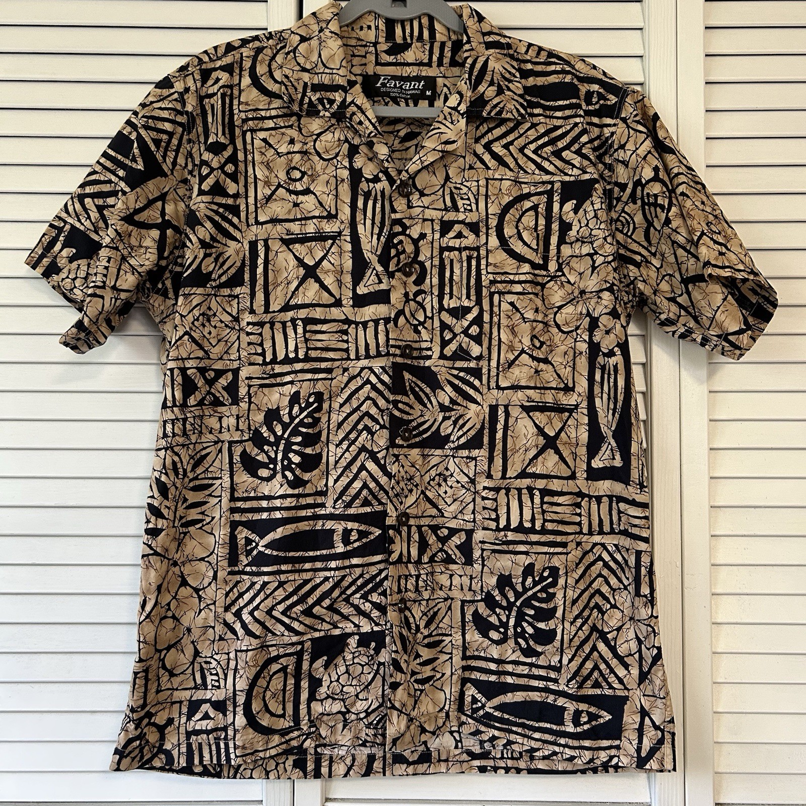 Favant Hawaiian Aloha Shirt Mens M Tapa Honu Fish Pattern Matched Pocket Cotton
