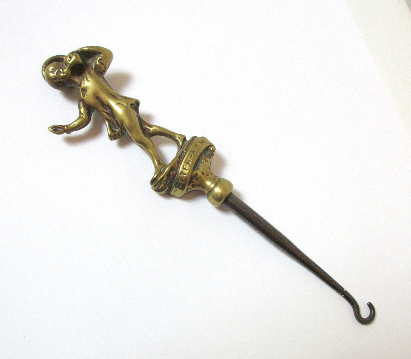 Antique Figural Brass Button Hook Peter Pan
