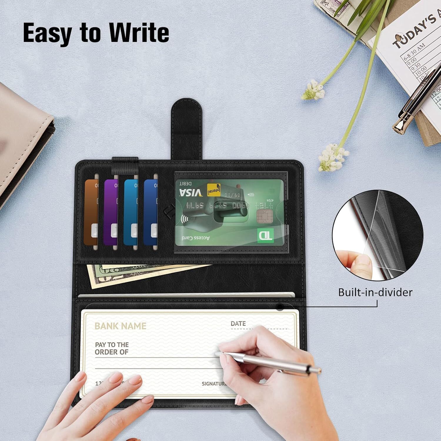 RFID Blocking Checkbook Cover Case Standard Register Duplicate Checks Pen Holder