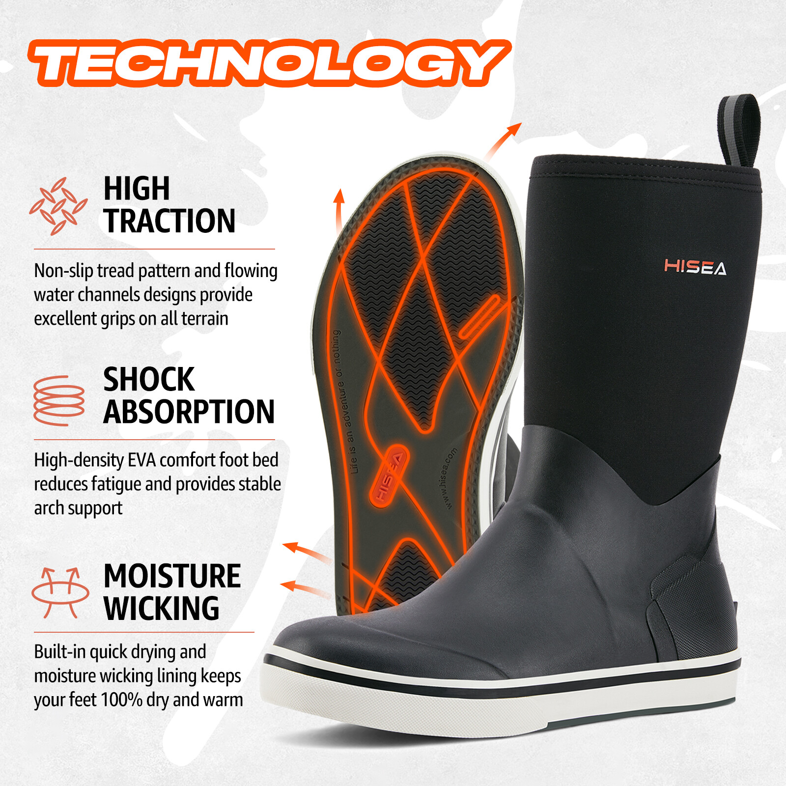 HISEA Men Mid-Calf Fishing Deck Boots Waterproof Non-Slip Gardening Rain Boots