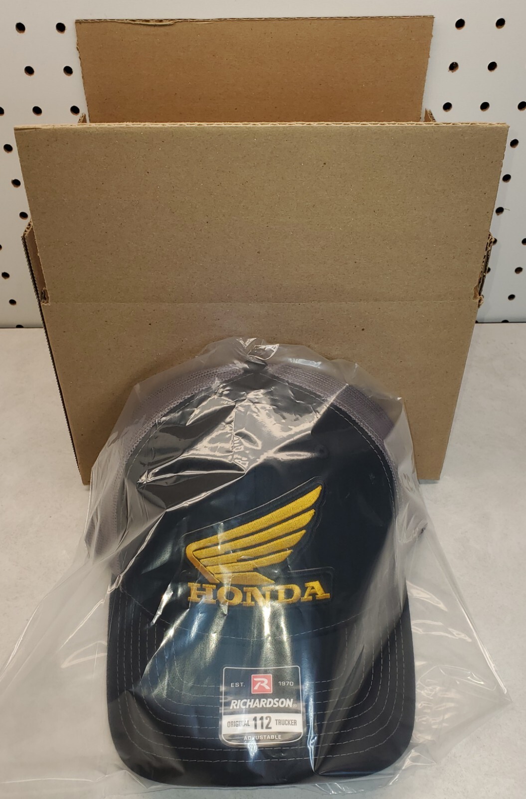 Honda Wing Logo Patch on Richardson 112 Trucker Hat Snapback Black/Charcoal