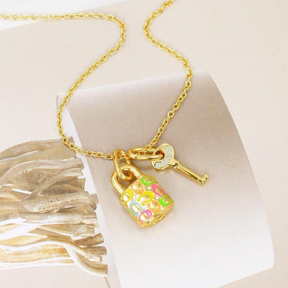 NWT Coach Signature Rainbow Padlock Lock Key Necklace Gold Tone