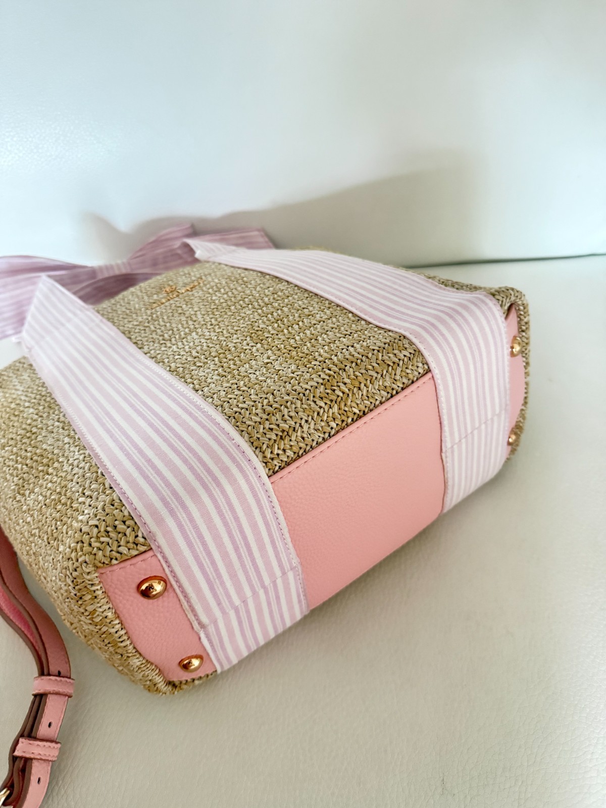 NWT NANETTE LEPORE BESSY TOTE CROSSBODY BAG NATURAL PINK GINGHAM W BOW