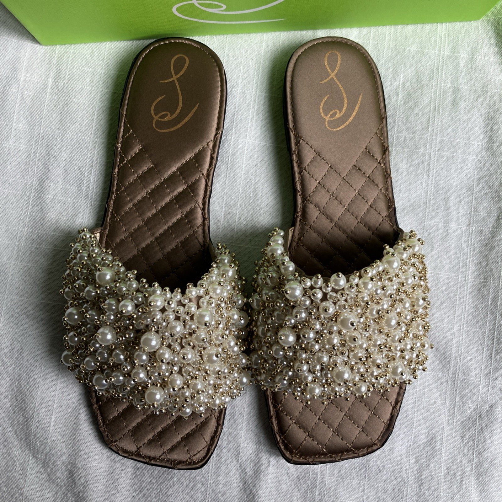 Sam Edelman Toffee Pearl Embellished Quilted Elijah Slide Sandals Size 8 gold