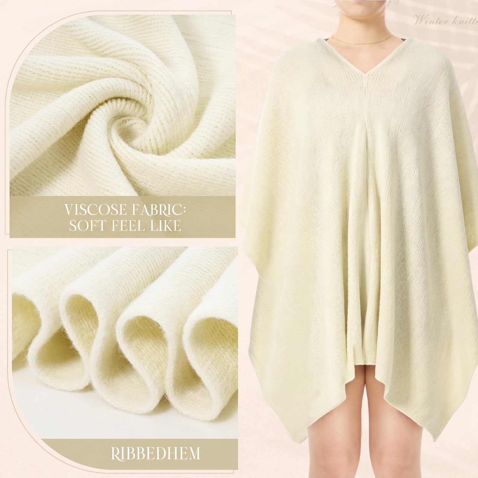 Hercicy Women Ponchos Sweater Solid Knit Versatile One Size, Beige