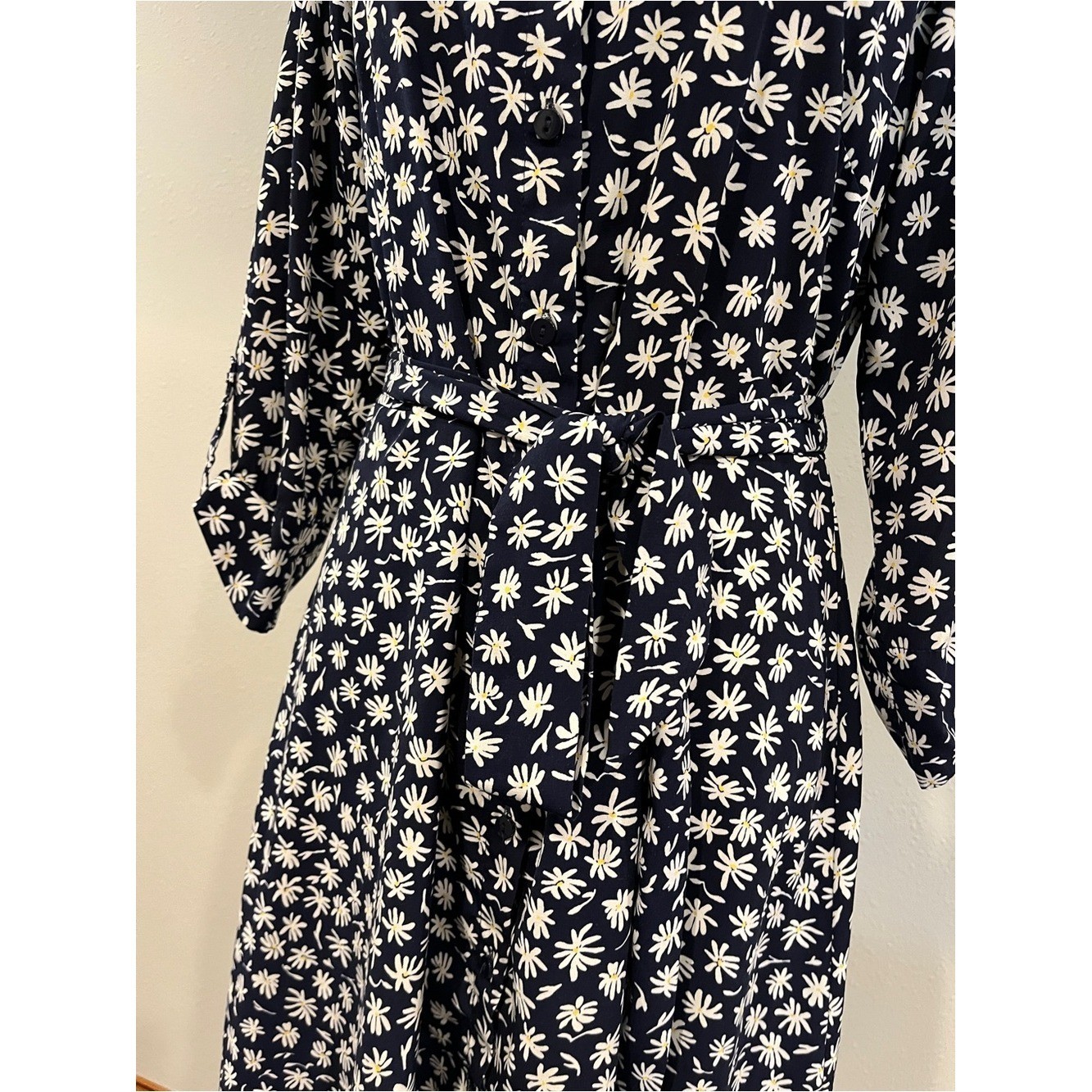 Navy and White Floral button down dress with belt