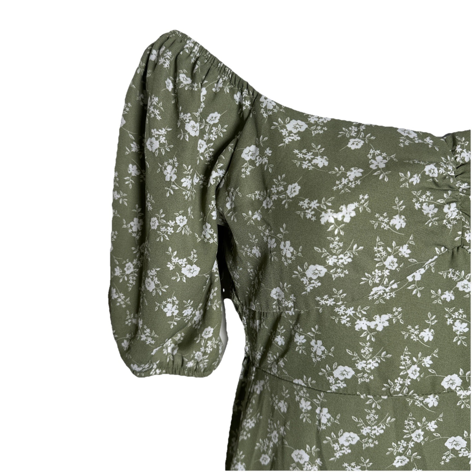 Hesperus Woman’s Small Ditsy Floral Green Midi Dress Cottagecore Puff Sleeve