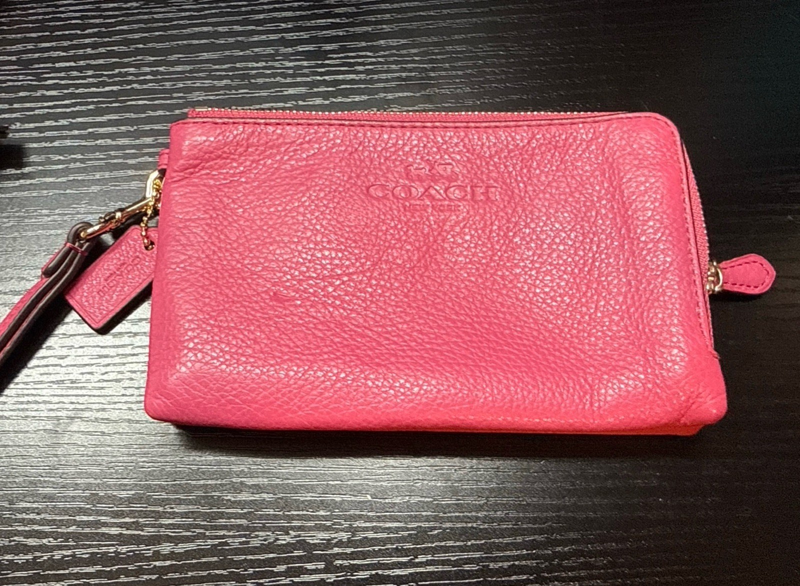 Vintage Coach Hot Pink Pebble Leather Double Corner Zip Wristlet Wallet Bag
