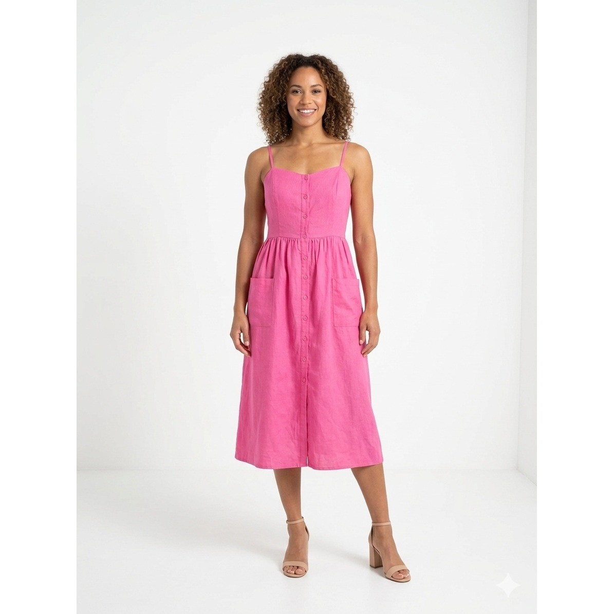 Petal + Pup Pink Linen Cotton Blend Button Front Midi Dress Smocked Back US 4