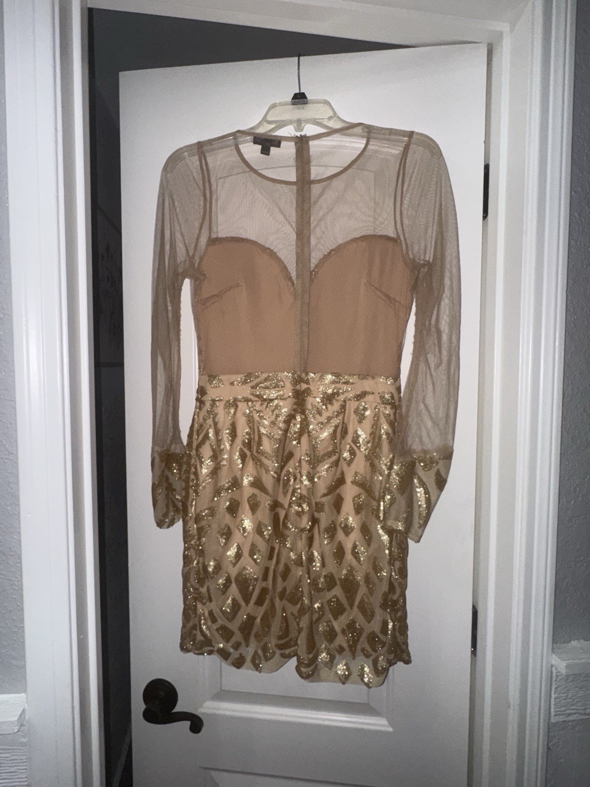 A.PEACH Gold Sequin Mesh Sheer Long Sleeve Bodycon Mini Dress Size M