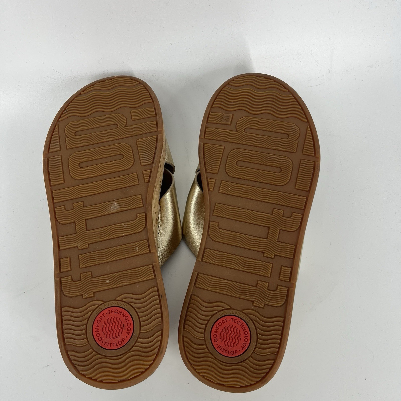 FitFlop F Mode Sandals Size 10 Gold Metallic Leather Cross Slide Cork Platform