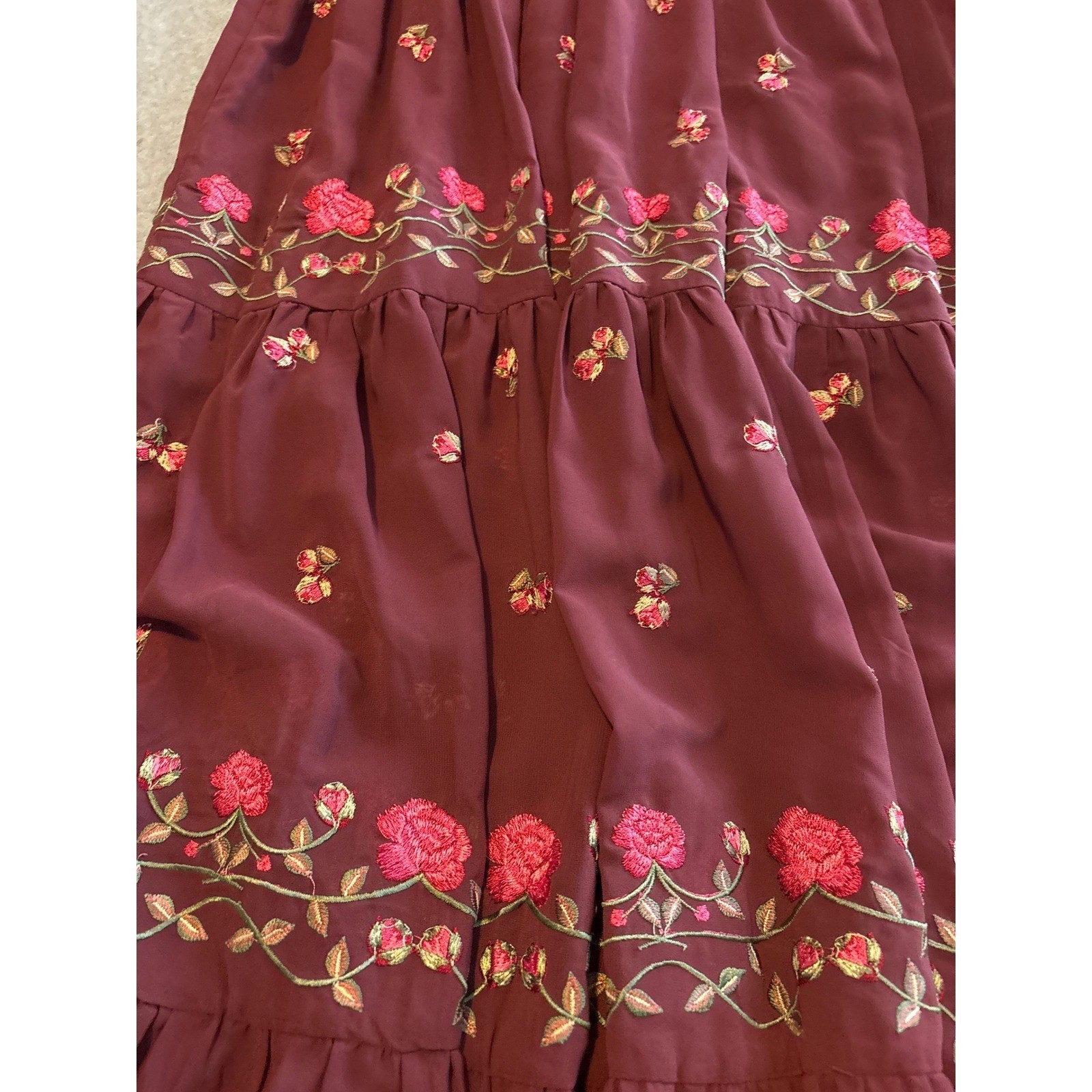 ASOS DESIGN Burgundy Floral Embroidered Tiered Maxi Dress Tie Neck Wine Size 10
