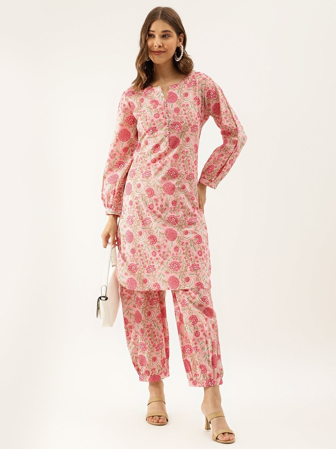 Pink Floral Print Cotton Co-Ord Set for Women Casual Ethnic Wear Plus Size