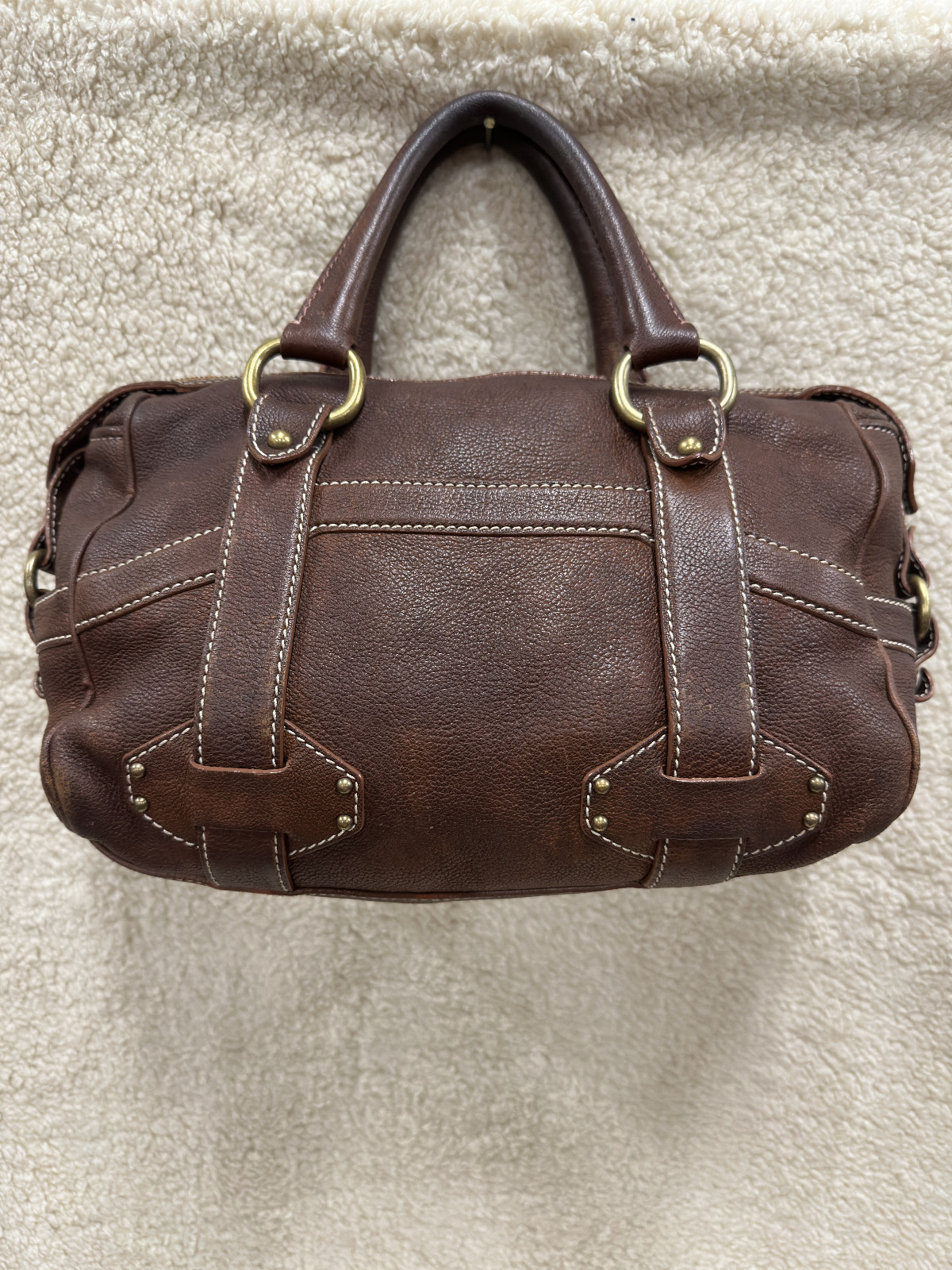 Celine Brown Leather Handbag Handle Purse Satchel Horse Buggy Logo Dust Bag Tags