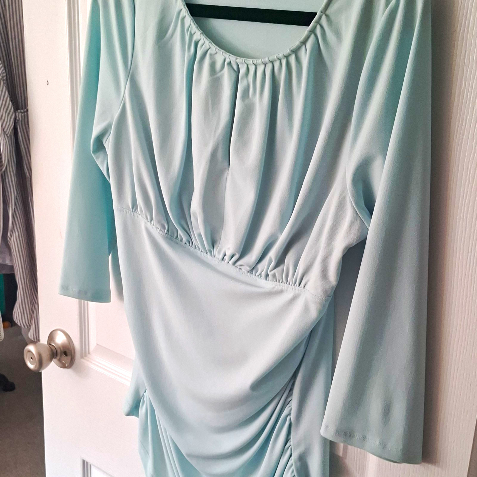 Ann Taylor Light Blue Ruched Knit Stretch Round Neck Long Sleeve Mini Dress L