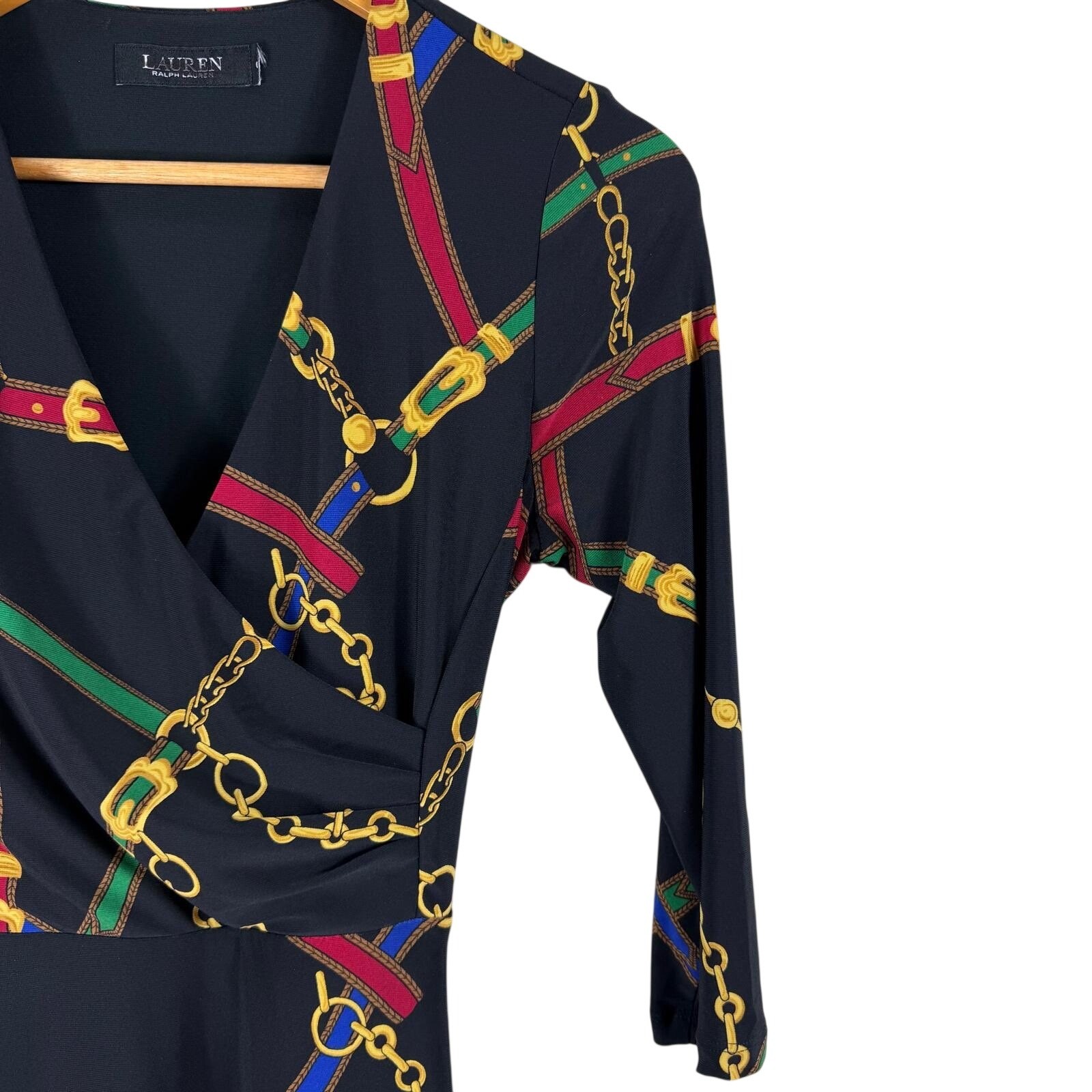 Lauren Ralph Lauren Equestrian Chain Print Faux Wrap Midi Dress Black Red Small