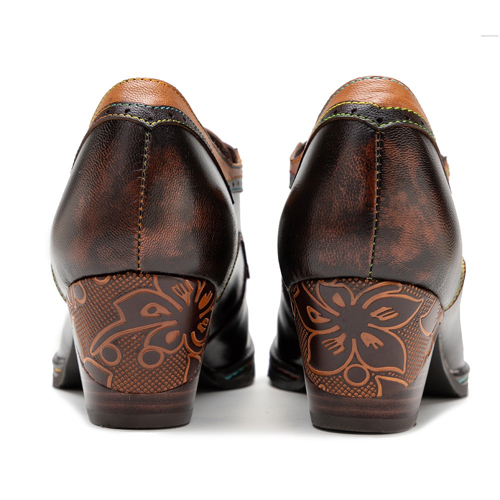 Vintage Spring Summer Ethnic Block Heels Women’s Real Leather Splicing Shoes