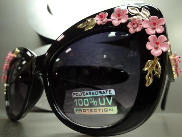 VINTAGE RETRO CAT EYE Style SUN GLASSES Black Frame Unique Floral Flower Design