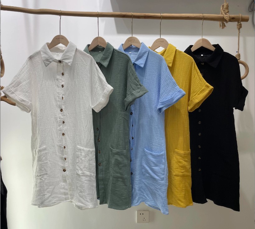 V Neck Button Front Midi Dress Short Sleeve Cotton Casual A Line Sundress