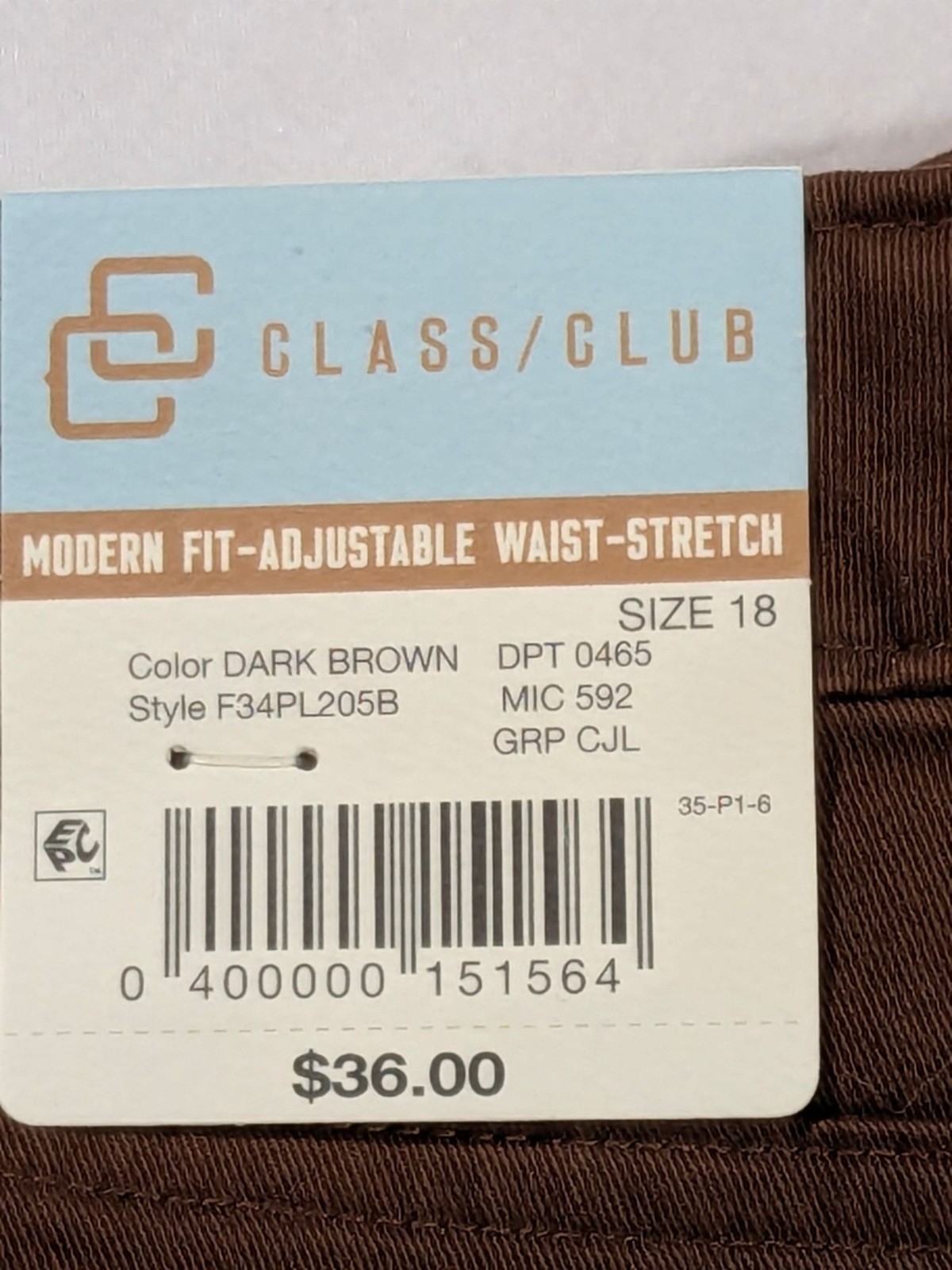 Class/Club Dark Brown Modern Fit Adjustable Waist Stretch Pants Size 18 NWT