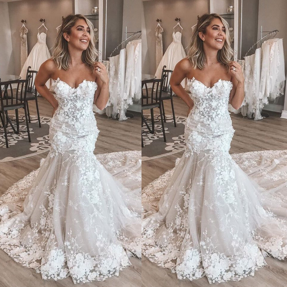 Mermaid Strapless Lace Appliques Wedding Dresses with Court Train Bridal Gowns