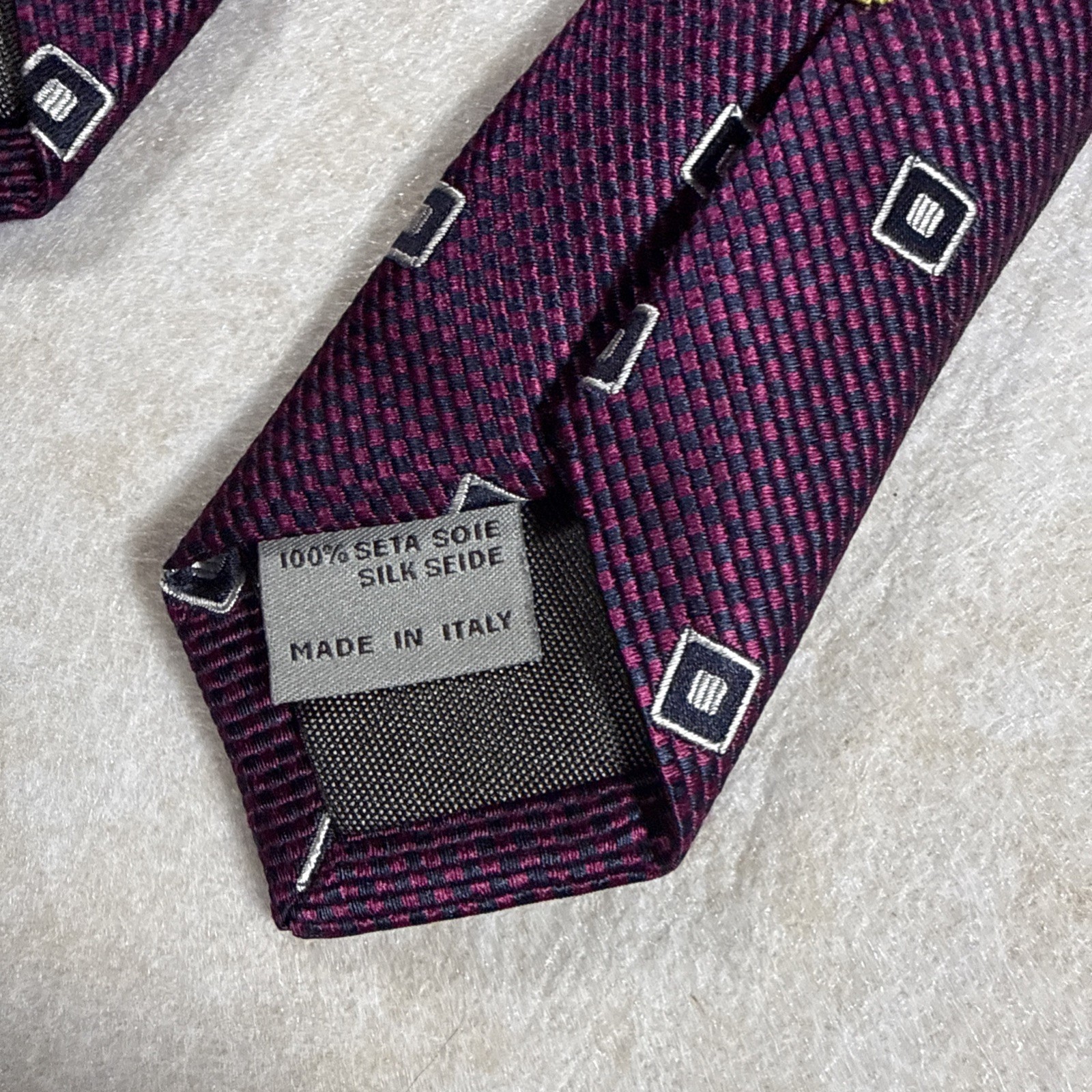 Canali 1934 Necktie, 100% Silk, Made in Italy, Geometric Burgundy Navy Blue 58″