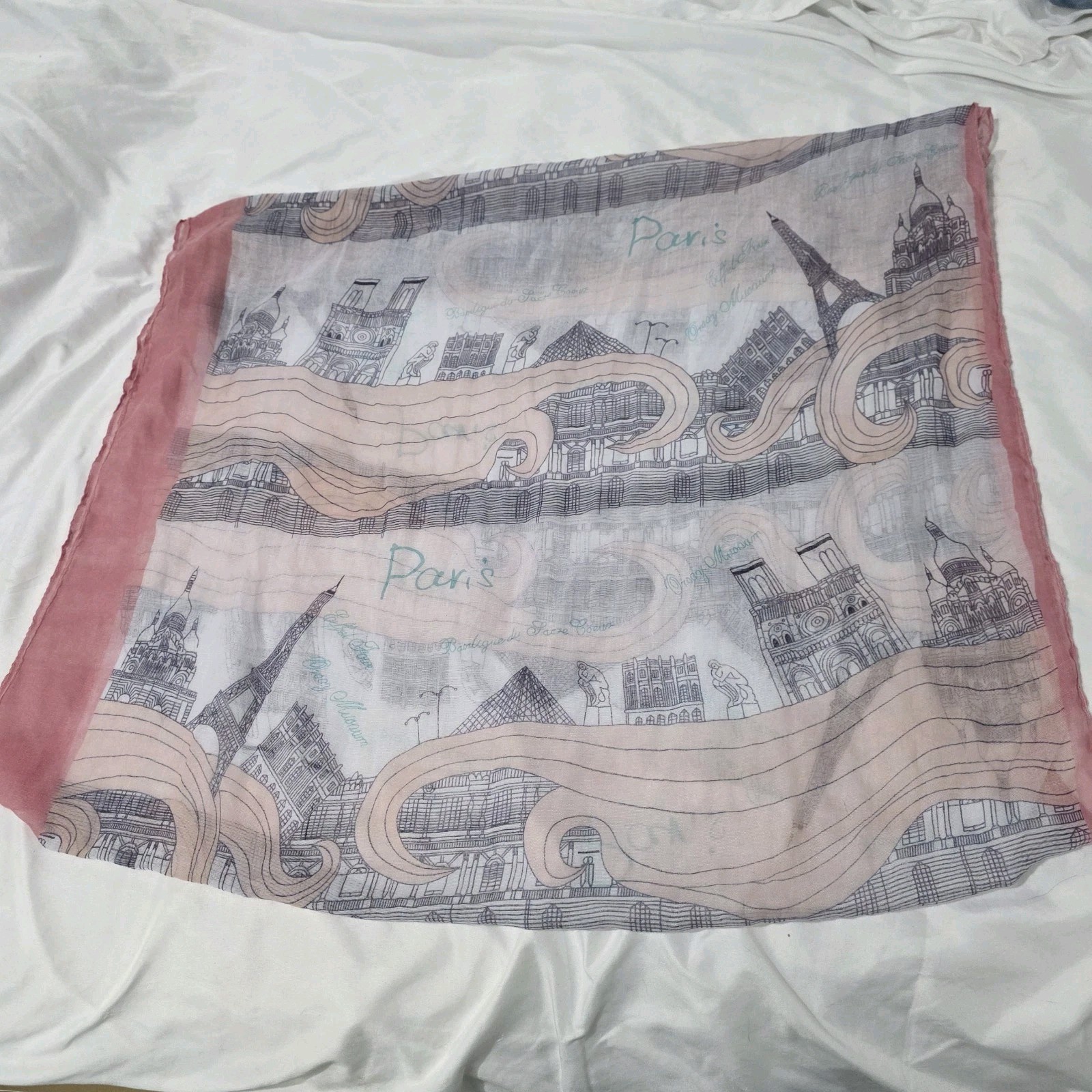 Womens Paris Scarf Sheer Parisian Luxury Scenic Print Feminine Pink Rectangle