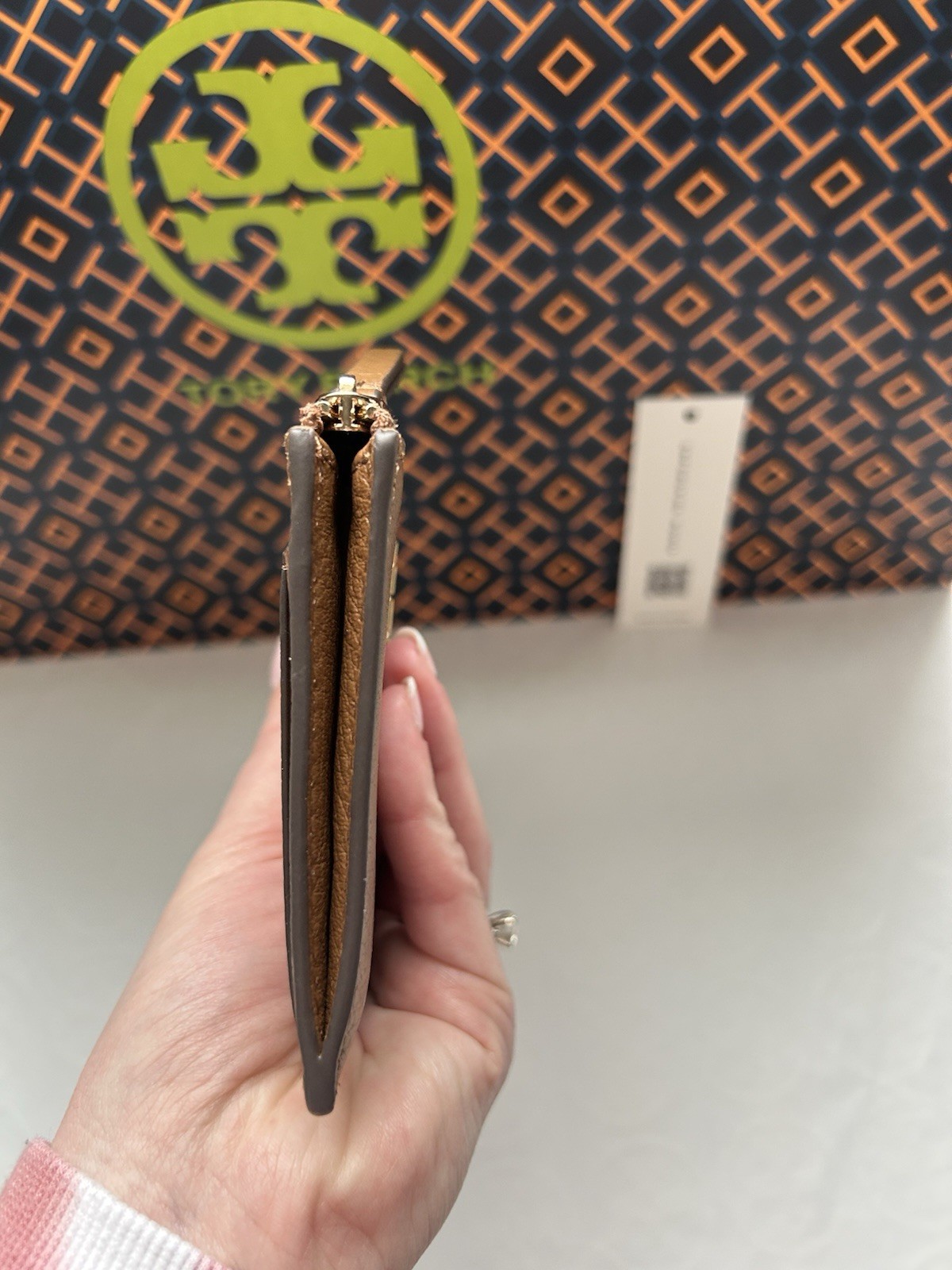 Tory Burch Britten Zip Card Case Card Wallet Moose Gold Tan Brown
