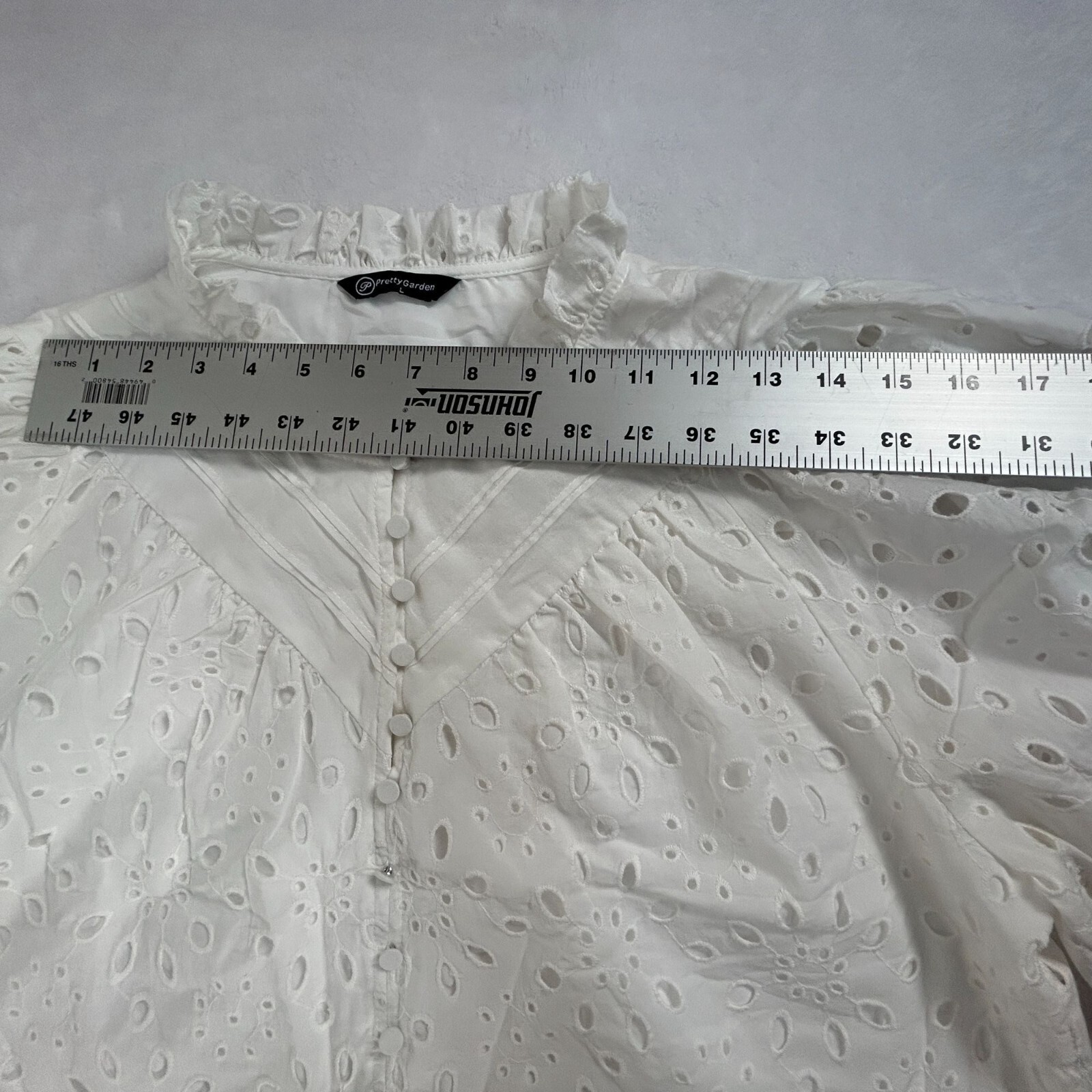 PrettyGarden Eyelet Lace Blouse Top Ruffle Collar Puff Sleeve Womens Large White
