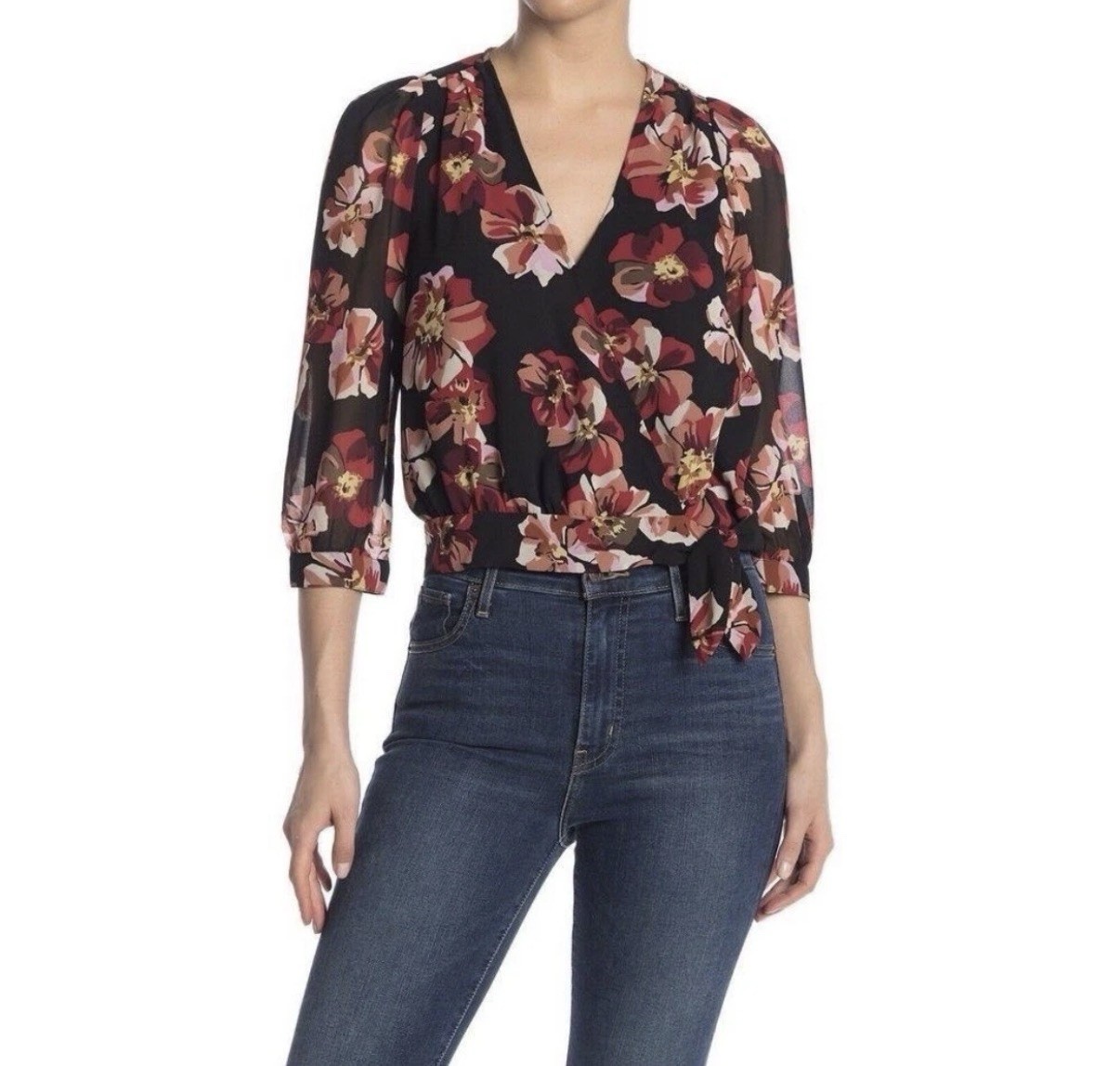 Madewell Women’s Floral Wrap Blouse – Black/Red/Pink, V-Neck, 3/4 Sleeve, Tie
