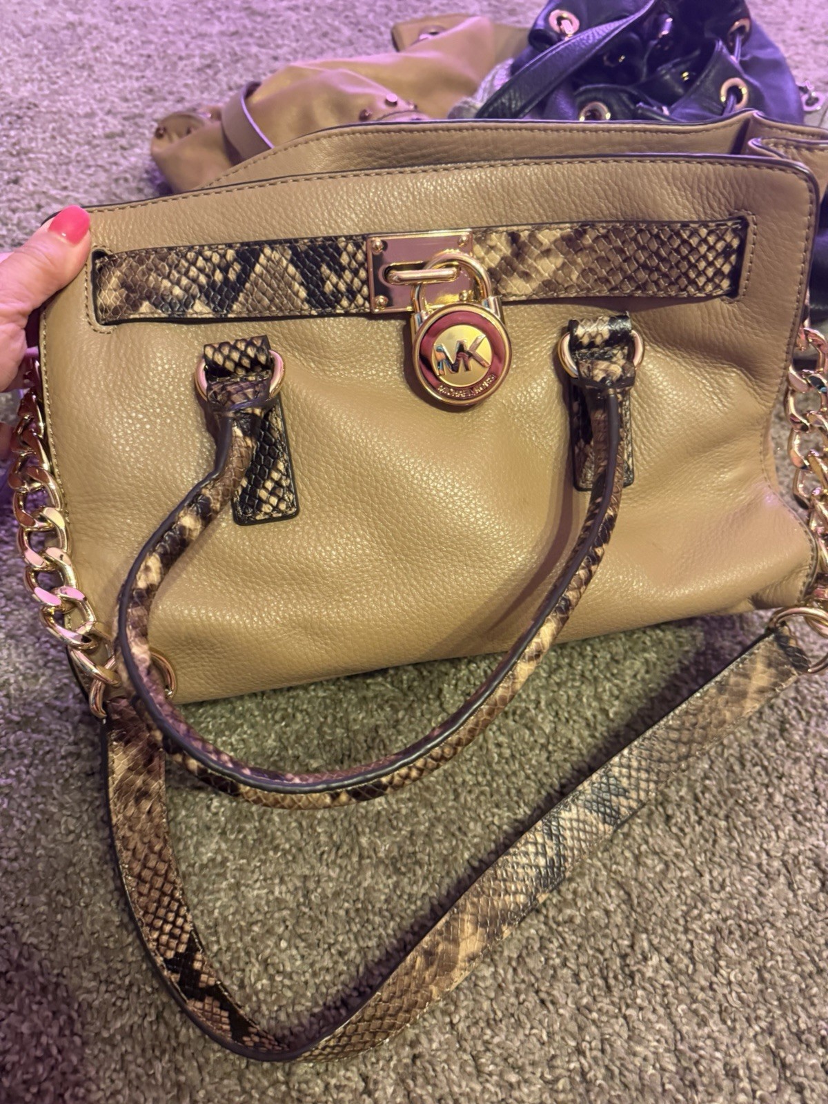 Michael Kors Medium Beige Satchel Animal Print Trim Chain Strap Zip Closure