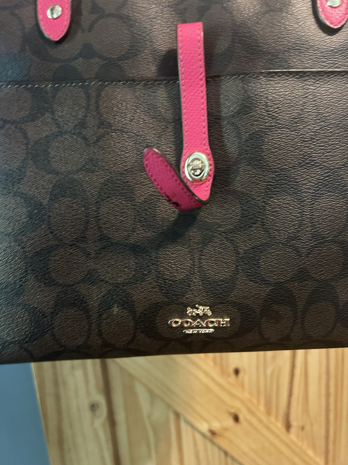 Coach Signature Ruby Tote Bag Brown Pink Zip Closure Silver Hardware Lined