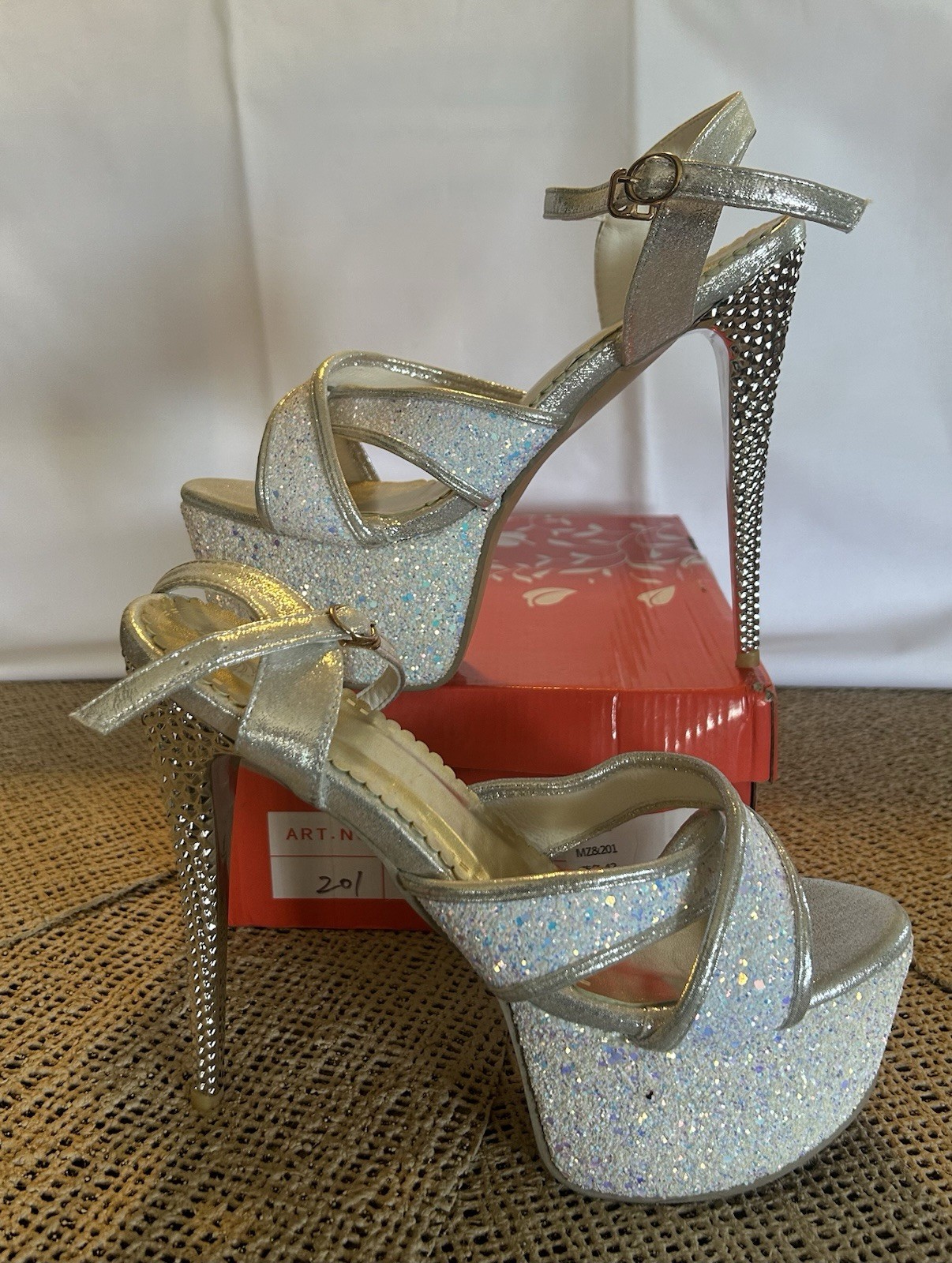 Women’s Silver Glitter Synthetic Open Toe Platform Ankle Strap Stiletto 11