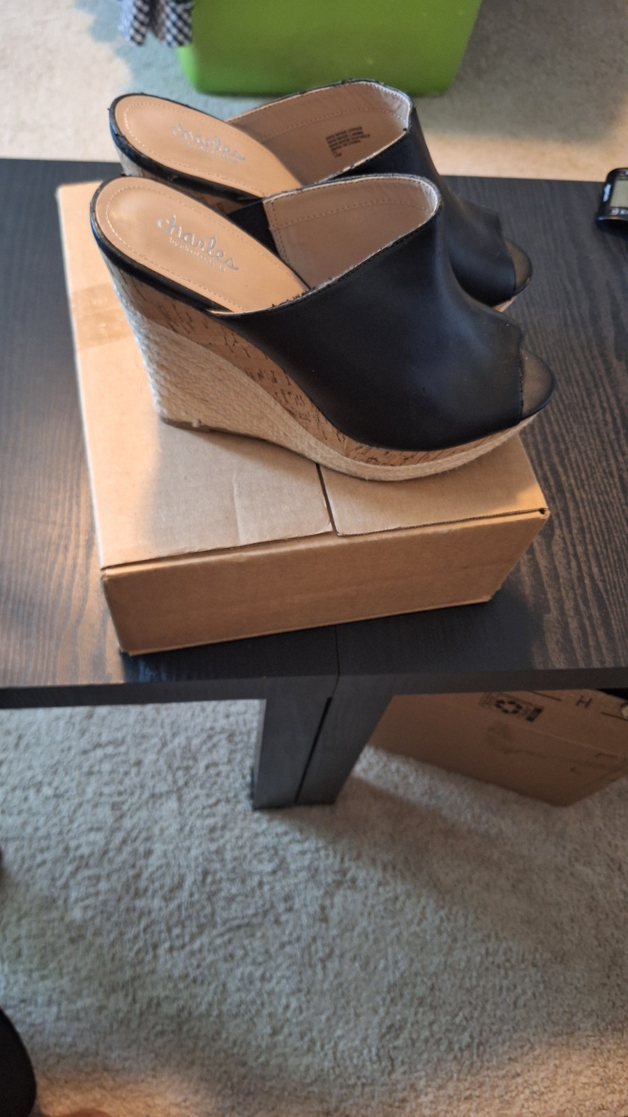 Charles by Charles David Black Leather Open Toe Mule Slip-On Wedge Heel 11M