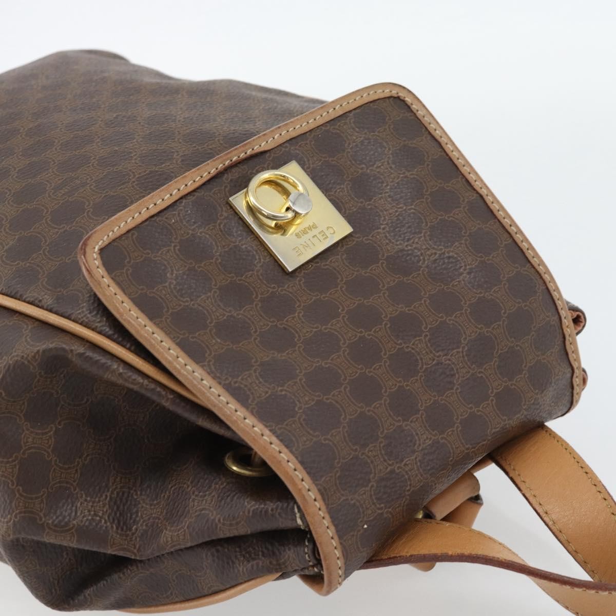 CELINE Macadam Canvas Backpack PVC Leather Brown Gold Auth bs35270