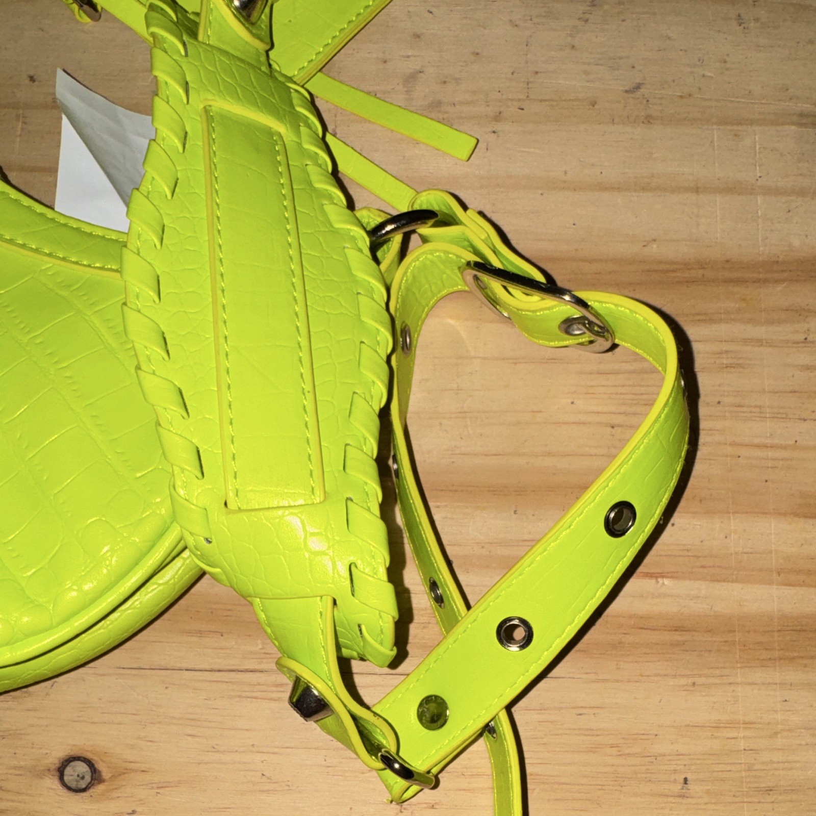 Neon Green Quilted Studded Crescent Shoulder Bag w/ Pouch, Heart Mirror & Strap